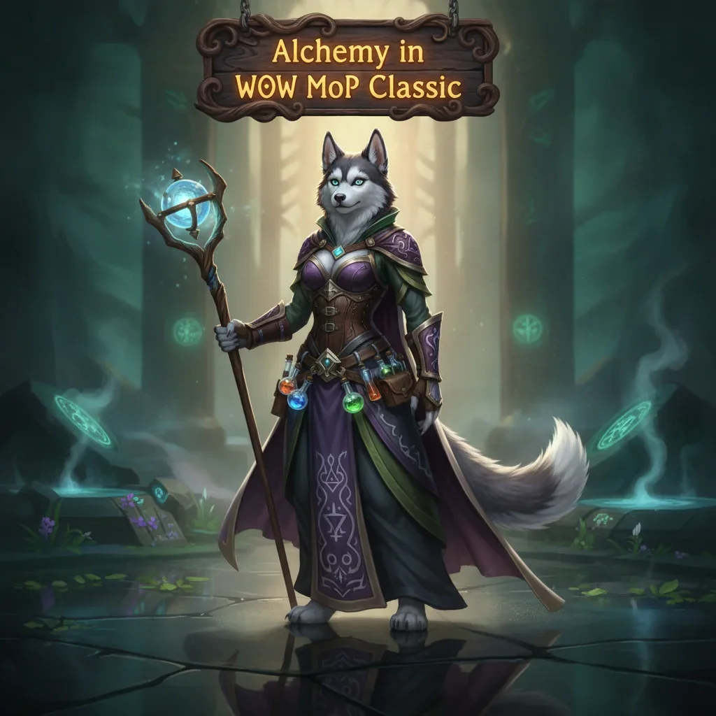 Fantasy artwork featuring an anthropomorphic Husky character, themed around Alchemy in World of Warcraft Mists of Pandaria Classic.