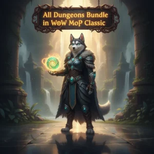 An anthropomorphic Husky character in fantasy armor stands in a Mists of Pandaria-themed dungeon setting.