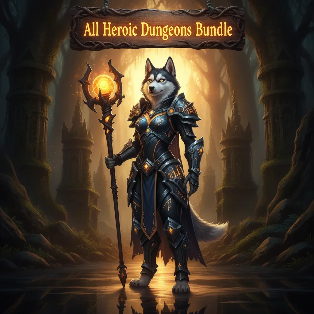 Fantasy artwork depicting an anthropomorphic husky character amidst a challenging dungeon environment, representing heroic dungeon content and objectives.
