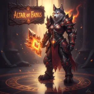 Detailed fantasy artwork showcasing an anthropomorphic Husky character within a mystical environment, themed around the Altar of Fangs progression and challenges in WoW Midnight.