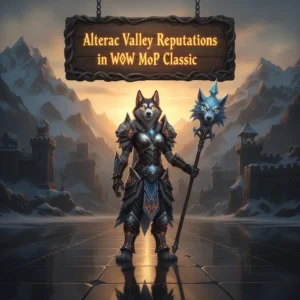 Fantasy artwork featuring an anthropomorphic husky character amidst a snowy battlefield, representing Alterac Valley reputation gains.
