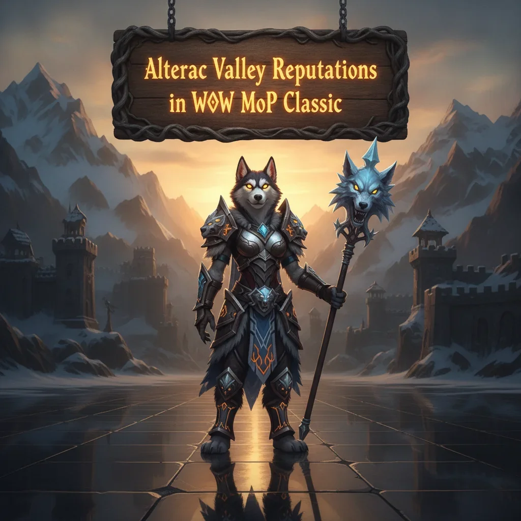 Fantasy artwork featuring an anthropomorphic husky character amidst a snowy battlefield, representing Alterac Valley reputation gains.