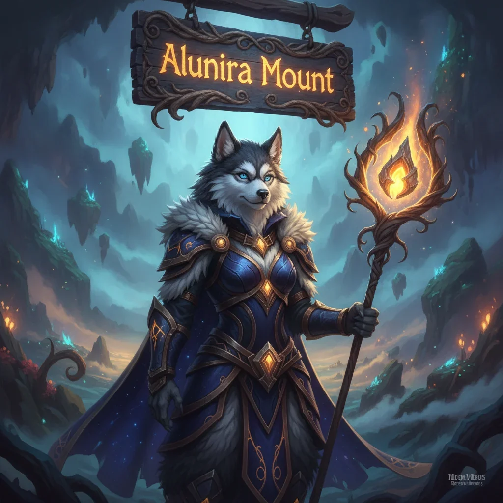 Anthropomorphic husky character in fantasy attire amidst a magical landscape, representing Alunira mount acquisition content for WoW Midnight. Artwork themed around mount collection objectives and game feature unlocks.