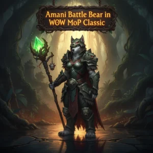 Artwork featuring an anthropomorphic Husky character, themed around the Amani Battle Bear mount in World of Warcraft Mists of Pandaria Classic content.