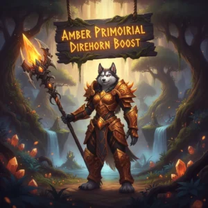 An anthropomorphic husky character in fantasy armor, depicted in artwork related to the Amber Primordial Direhorn mount in WoW MoP Classic content.