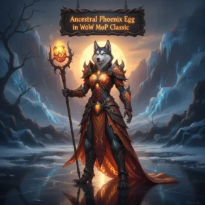 Fantasy artwork of an anthropomorphic Husky in robes, themed around the Ancestral Phoenix Egg content in WoW Mists of Pandaria Classic.