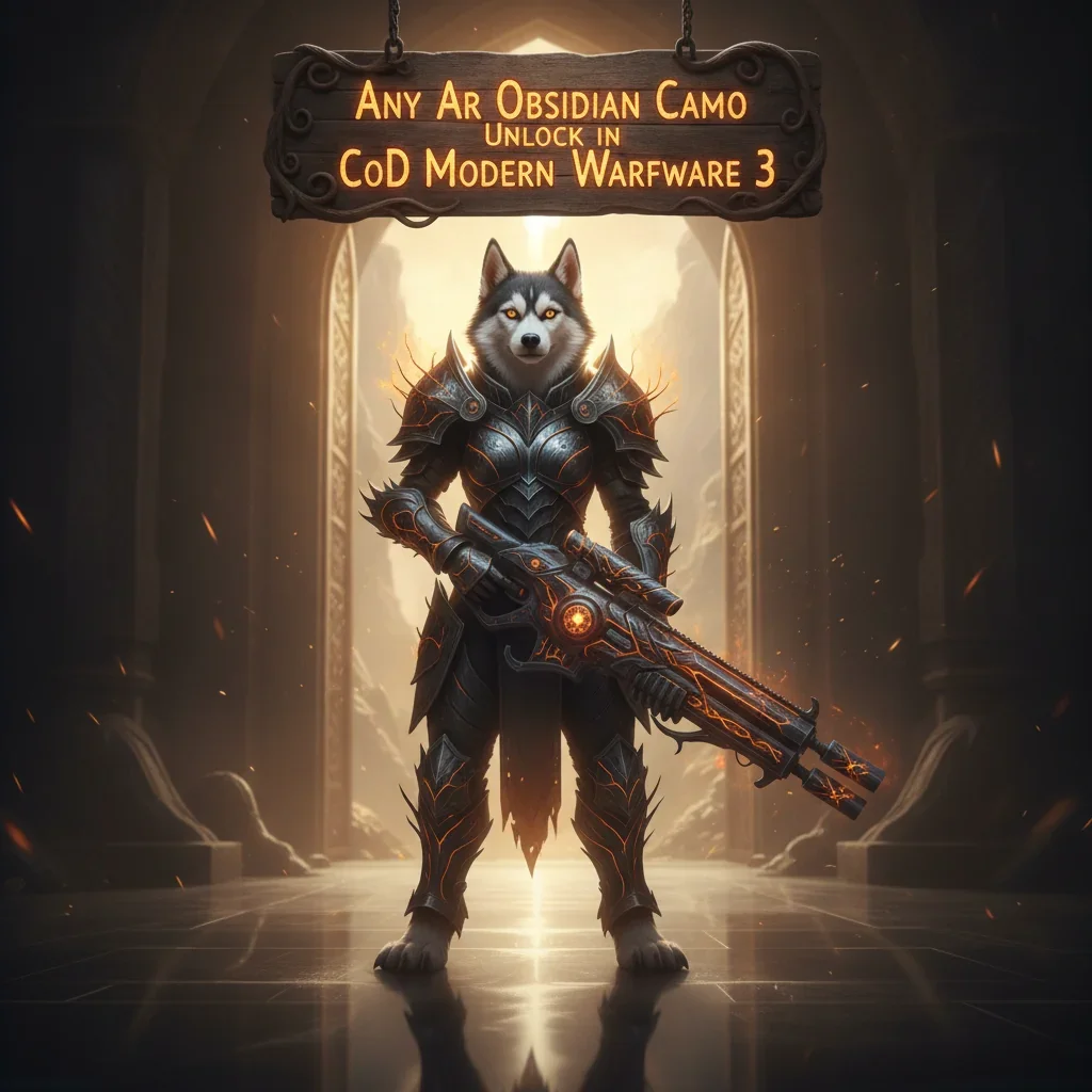 Fantasy artwork with an anthropomorphic Husky in ornate armor, set in a mystical environment, representing content for unlocking prestigious weapon cosmetics.