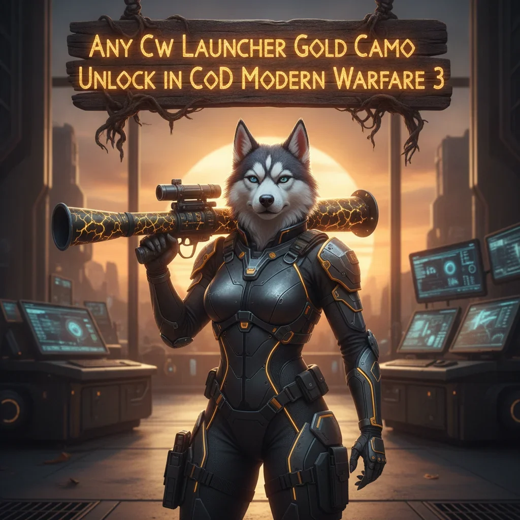 Fantasy artwork featuring an anthropomorphic husky in armor, representing specialized weapon mastery and gold cosmetic unlocks for heavy weapon progression.