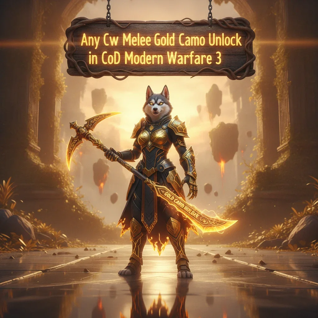 Fantasy artwork with an anthropomorphic husky warrior in ornate armor, representing melee weapon gold camo unlocks and customization challenges in a mythical setting.