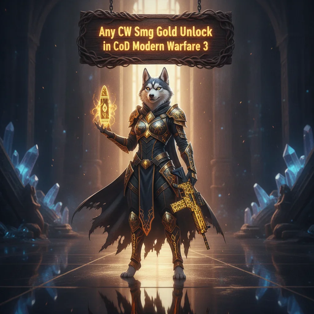 Fantasy artwork featuring an anthropomorphic husky character in a themed outfit, representing weapon customization and Gold Camo unlock objectives in a Modern Warfare 3 context. The setting is a fantasy-inspired game world with epic elements, evoking challenge completion.