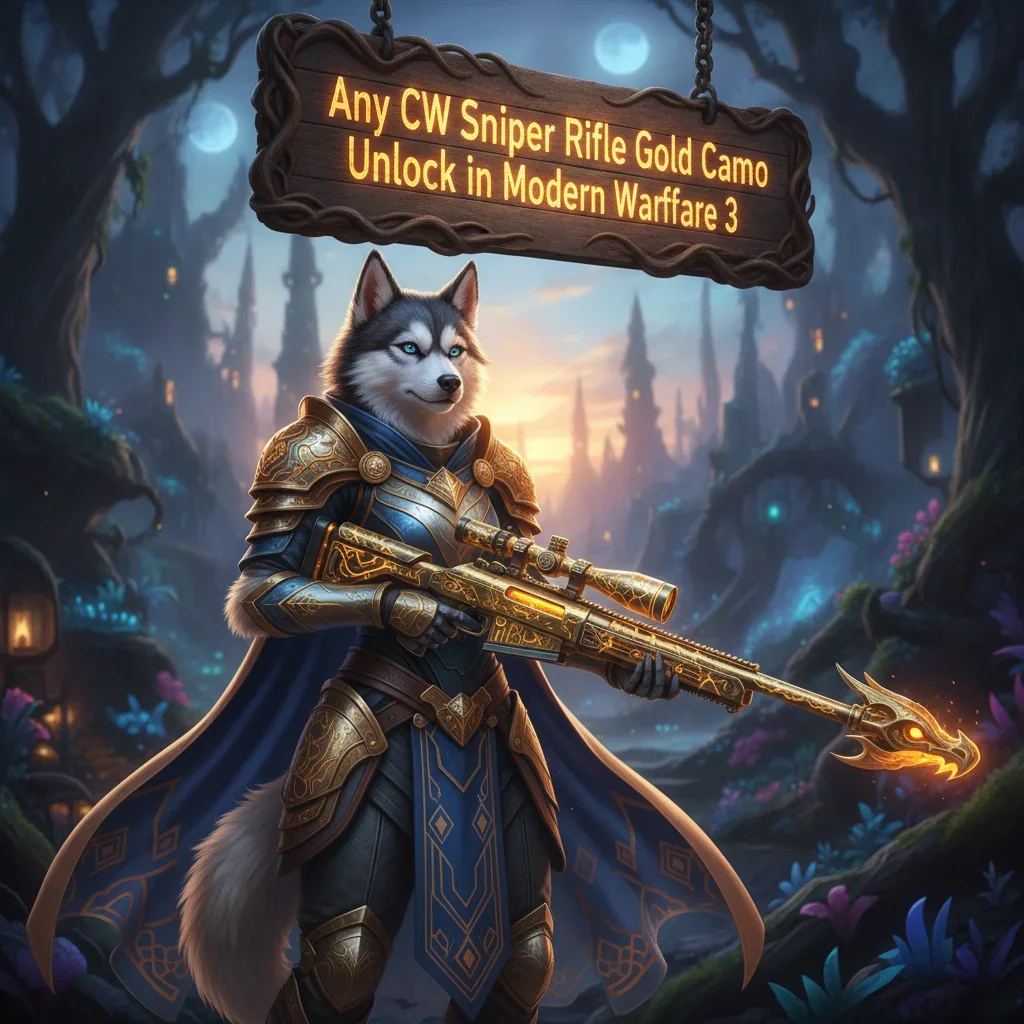 An anthropomorphic Husky character in fantasy attire, depicted in artwork inspired by weapon customization and unlocking Gold Camo for sniper rifles.