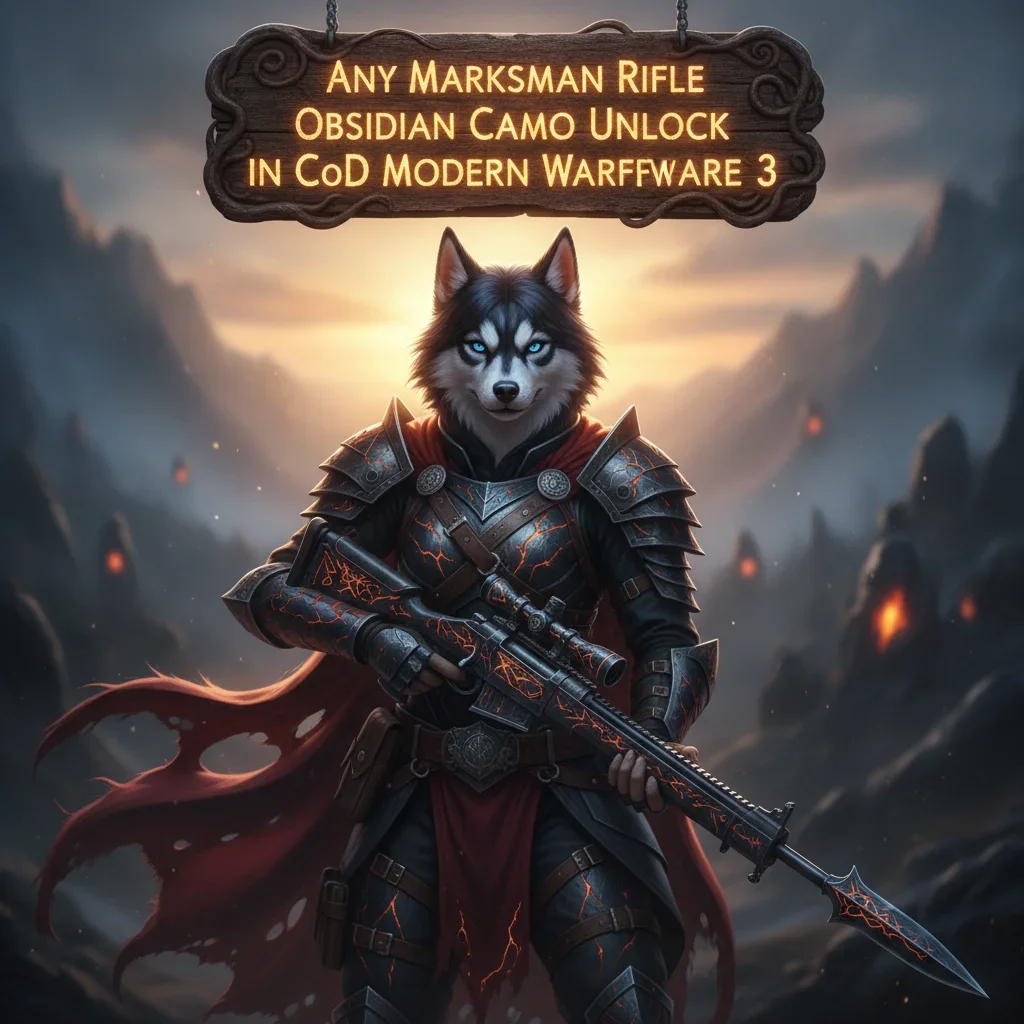 Fantasy artwork featuring an anthropomorphic husky, clad in themed armor, signifying content related to unlocking an Obsidian Camo for Marksman Rifles in a military shooter game.