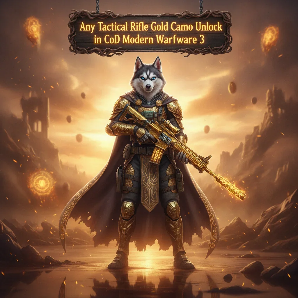 Fantasy game-inspired artwork featuring an anthropomorphic husky in a themed outfit, related to tactical rifle Gold Camo unlock objectives in Modern Warfare 3.