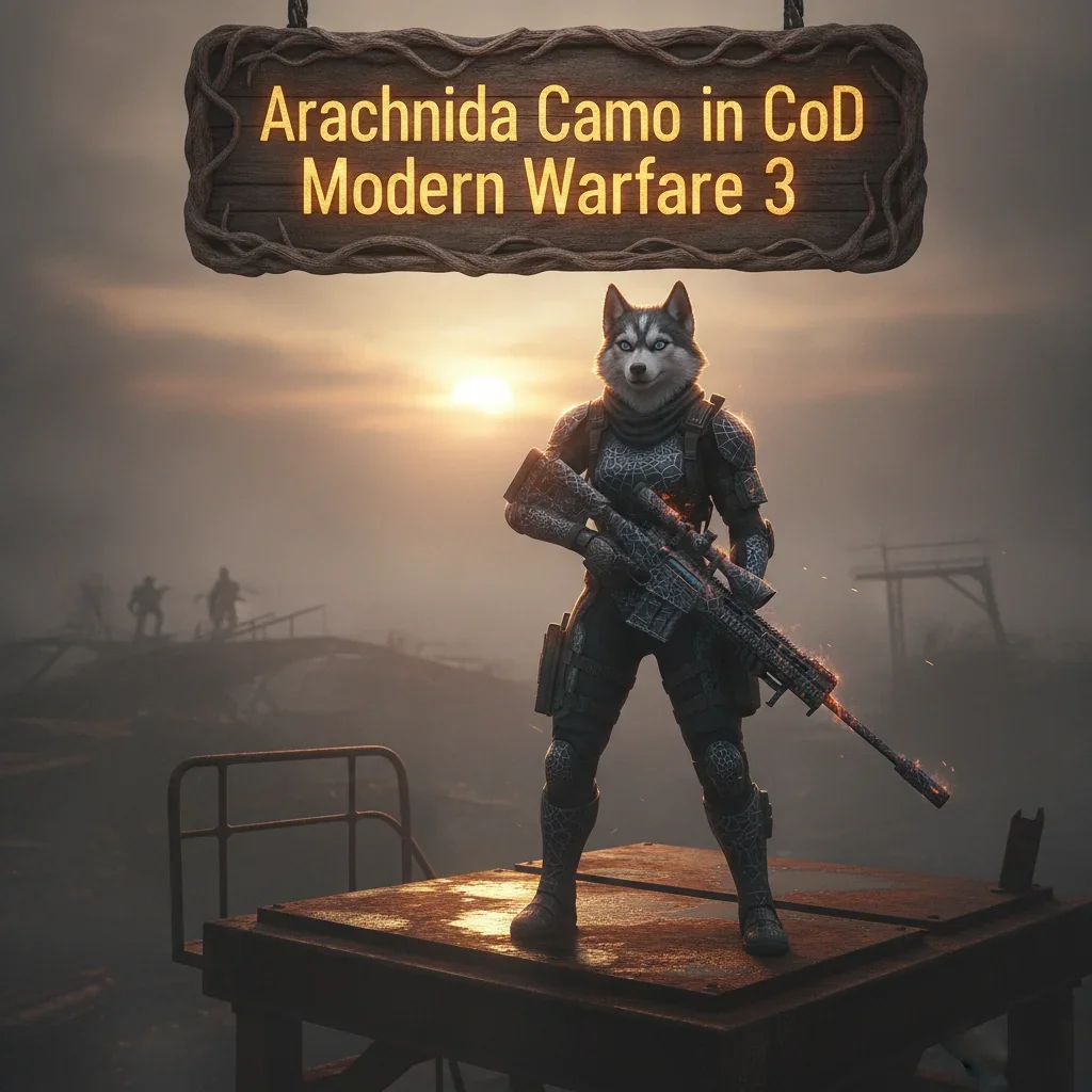 Fantasy artwork of an anthropomorphic husky in arachnid-themed attire, representing Arachnida Camo Boost content and cosmetic progression objectives in Modern Warfare 3.