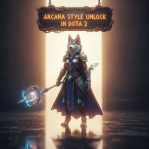 Fantasy game-inspired artwork featuring an anthropomorphic Husky character, themed around Dota 2 Arcana style unlocks.