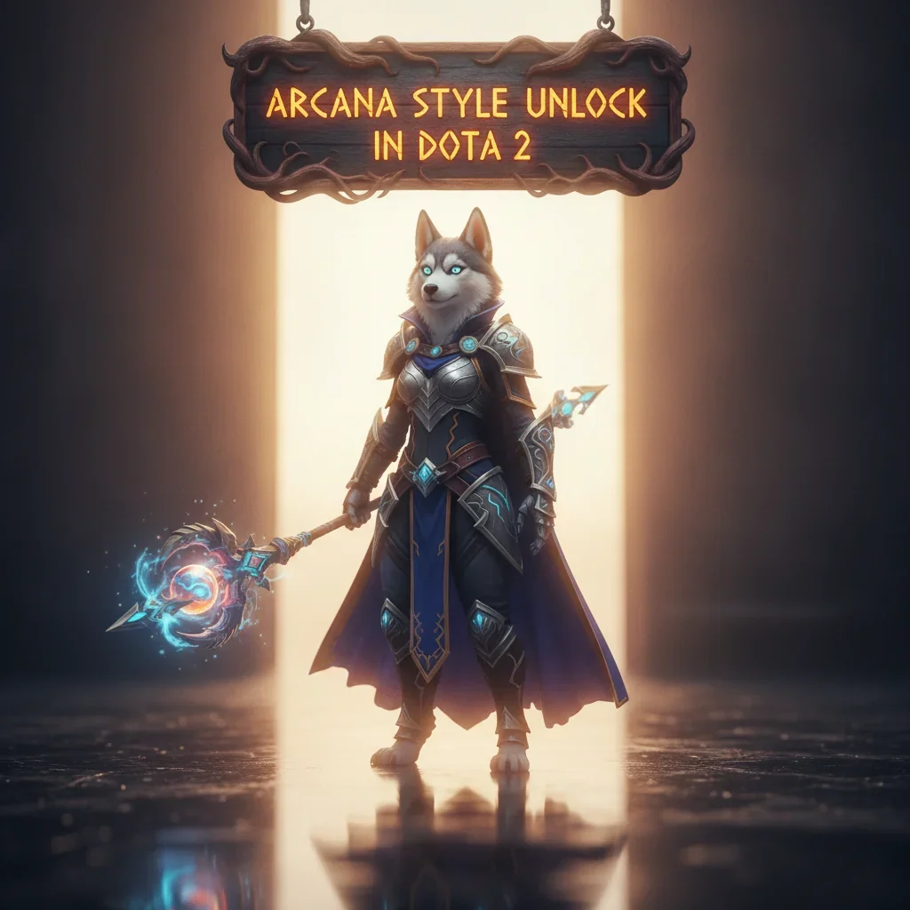 Fantasy game-inspired artwork featuring an anthropomorphic Husky character, themed around Dota 2 Arcana style unlocks.