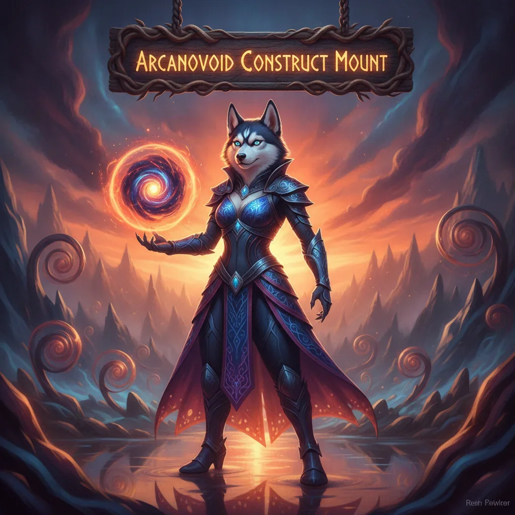 Fantasy artwork featuring an anthropomorphic husky character in arcane armor, themed around the acquisition of an Arcanovoid Construct mount, against a mysterious, game-inspired Midnight setting.