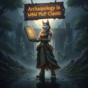 Anthropomorphic Husky character in fantasy robes, surrounded by ancient Pandaren artifacts and dig sites, representing archaeological content.