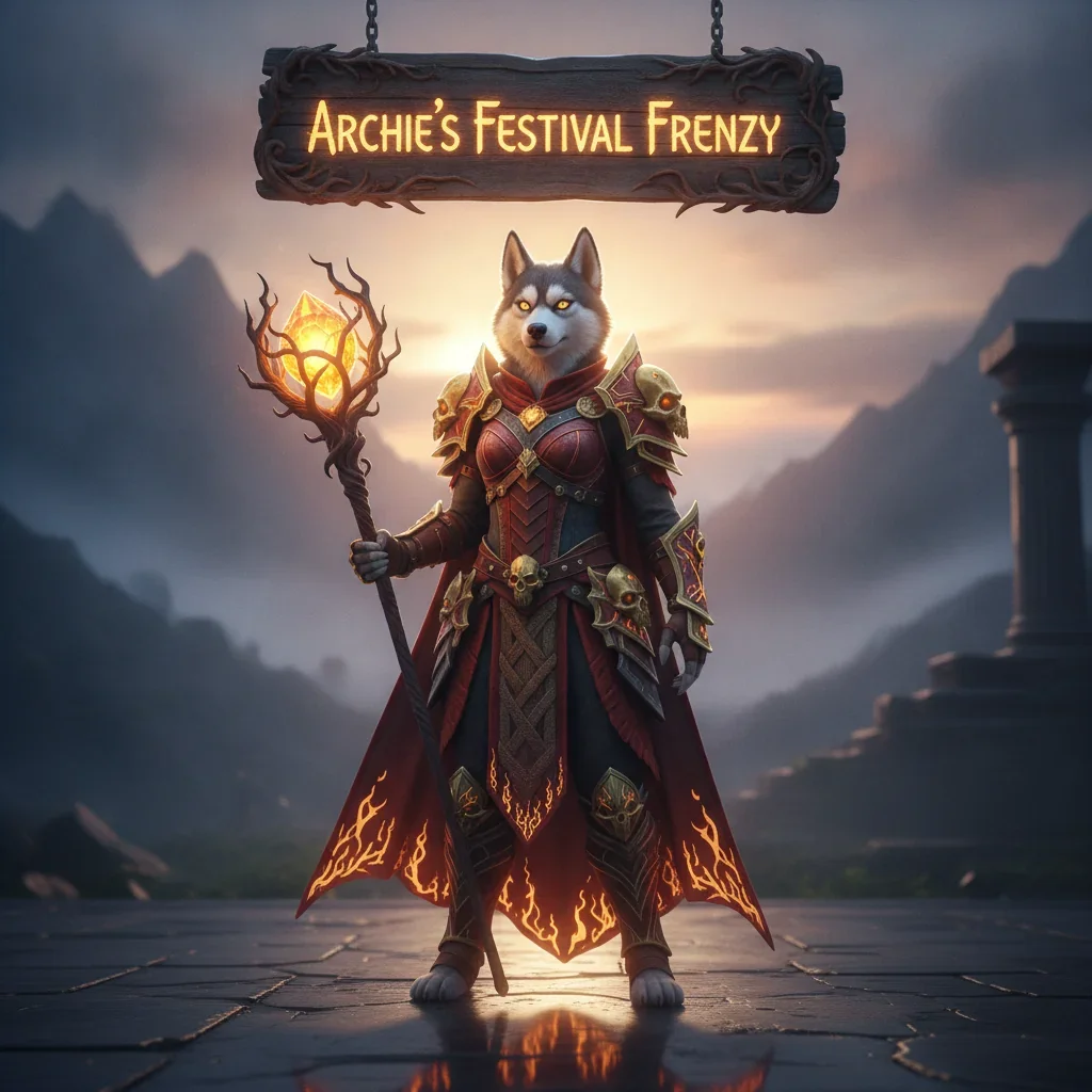 Anthropomorphic Husky in fantasy festival artwork, reflecting Archie's Festival Frenzy event content and objectives in Call of Duty Black Ops 6.