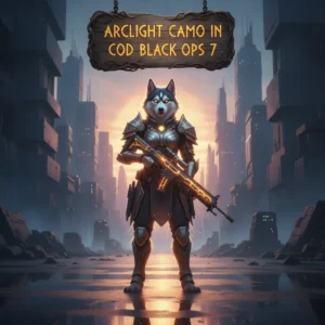 An anthropomorphic husky character, adorned in glowing fantasy armor, depicted in a futuristic, game-inspired setting, reflecting the theme of an Arclight Camo Boost.