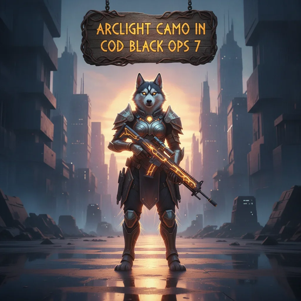 An anthropomorphic husky character, adorned in glowing fantasy armor, depicted in a futuristic, game-inspired setting, reflecting the theme of an Arclight Camo Boost.
