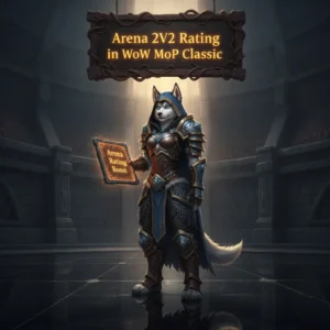 An anthropomorphic Husky character in fantasy armor, set in an arena environment, themed around Mists of Pandaria 2v2 rating content.