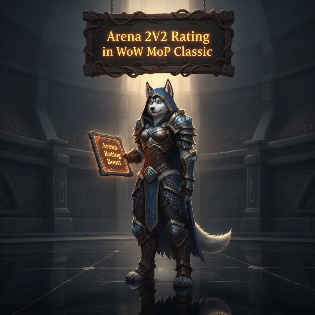 An anthropomorphic Husky character in fantasy armor, set in an arena environment, themed around Mists of Pandaria 2v2 rating content.