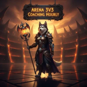 Fantasy artwork featuring an anthropomorphic husky in armored attire, set in a shadowy arena, connected to World of Warcraft 3v3 PvP coaching and objective completion.