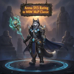 Fantasy game artwork featuring an anthropomorphic husky character, themed around arena combat and rating progression in a classic game setting.