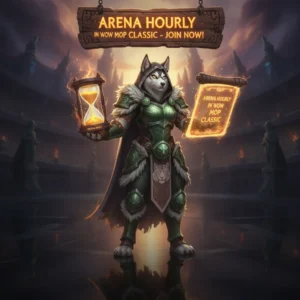 Fantasy artwork of an anthropomorphic husky character in armor, themed around World of Warcraft Mists of Pandaria Classic Arena content and objectives.