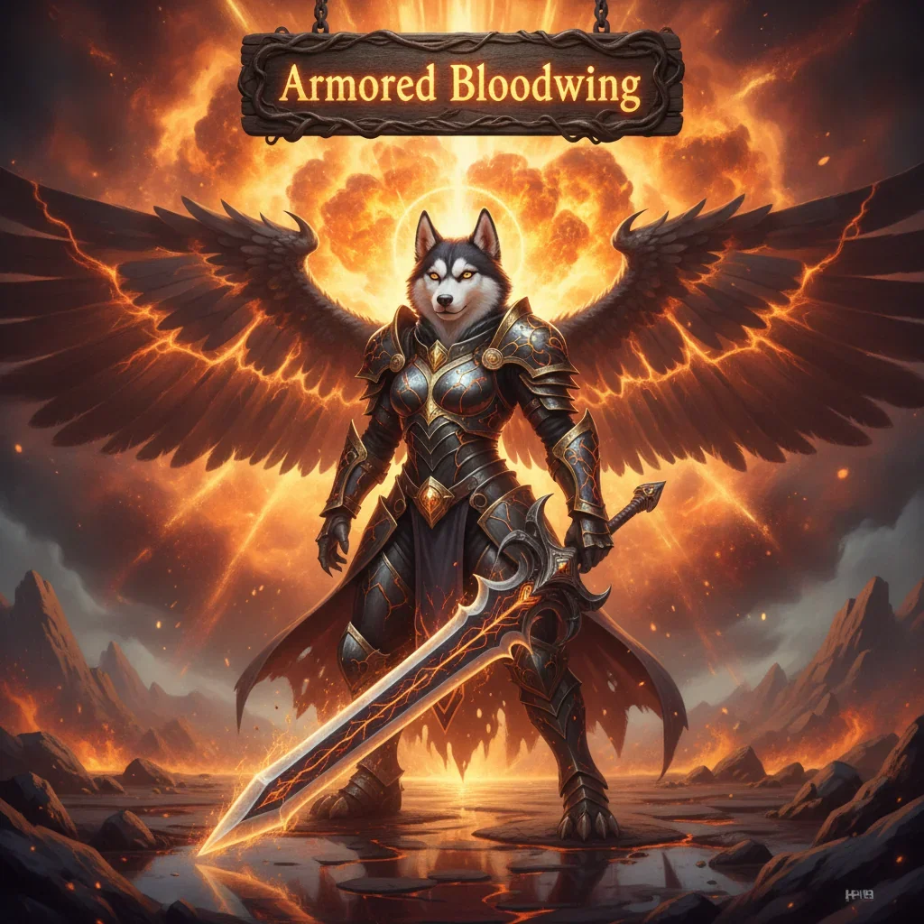 Fantasy artwork with an anthropomorphic Husky character in dark, ornate armor, representing Armored Bloodwing content from World of Warcraft's Midnight theme.
