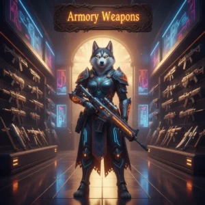 Anthropomorphic Husky character in fantasy armor, standing in a magical armory, artwork representing weapon boost content.