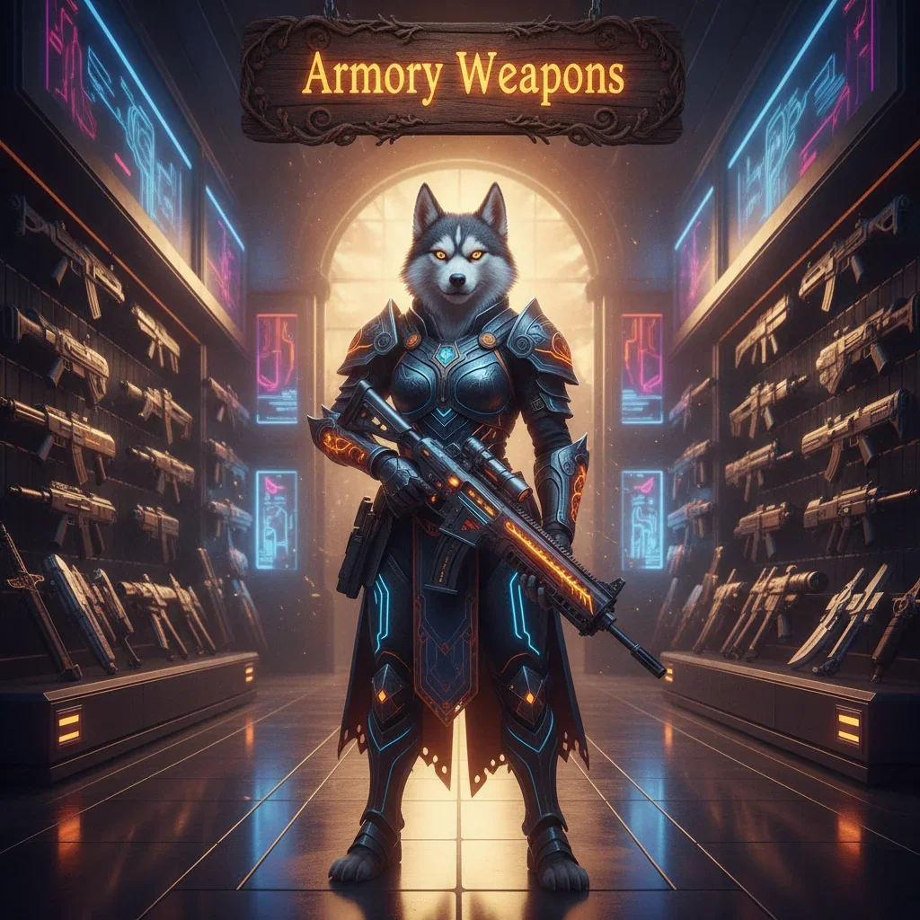 Anthropomorphic Husky character in fantasy armor, standing in a magical armory, artwork representing weapon boost content.