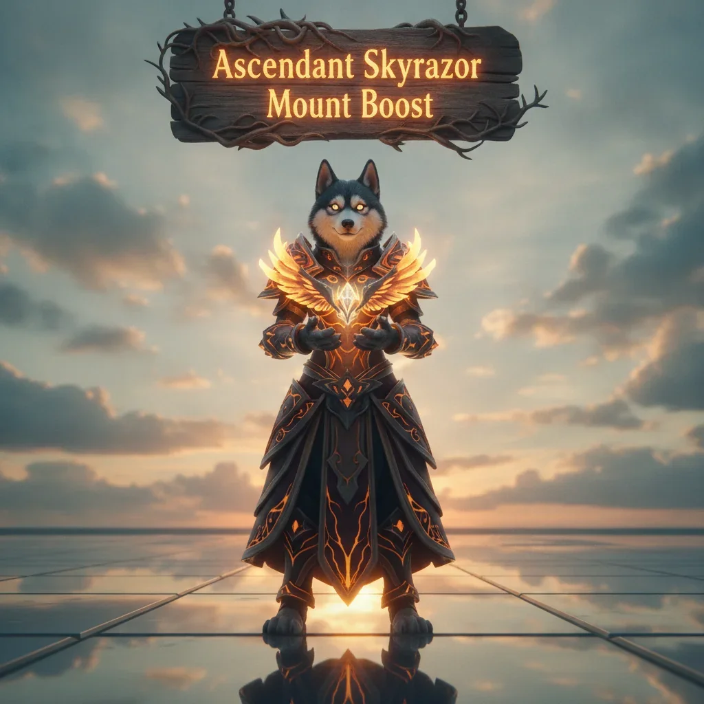 A majestic anthropomorphic Husky character, adorned in heroic fantasy armor, stands in a mystical, stylized environment, representing the achievement of the Ascendant Skyrazor mount in the WoW Midnight game.