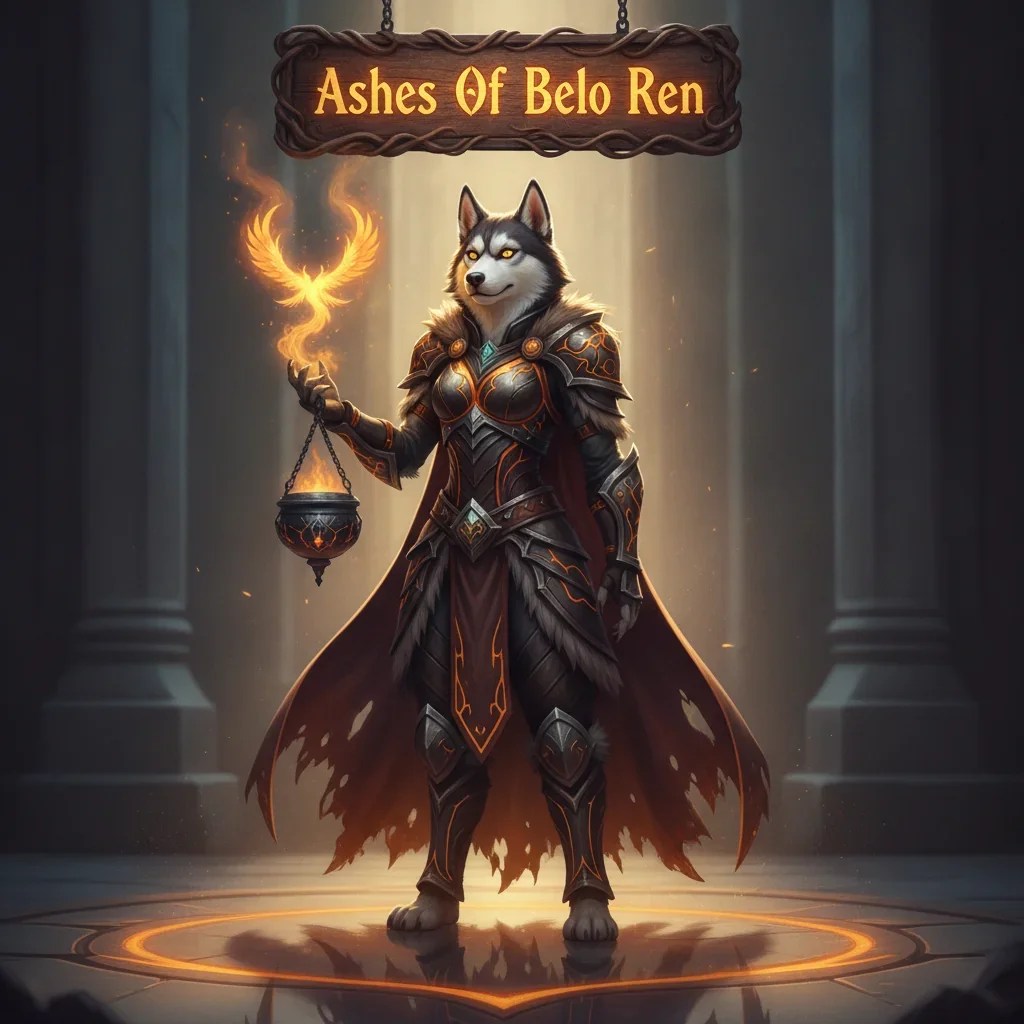 Anthropomorphic husky character in fantasy armor, featured in artwork inspired by the Ashes Of Belo Ren content and objectives from WoW Midnight.