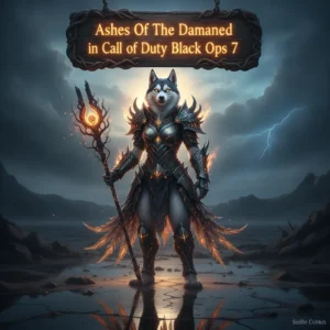 Anthropomorphic Husky character in fantasy armor amidst a dark, stylized game environment, representing 'Ashes Of The Damned' content from Call of Duty Black Ops 7.