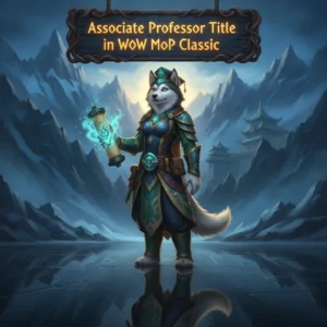 Fantasy artwork of an anthropomorphic husky mage character, themed around 'Associate Professor' title acquisition in WoW Mists of Pandaria Classic.