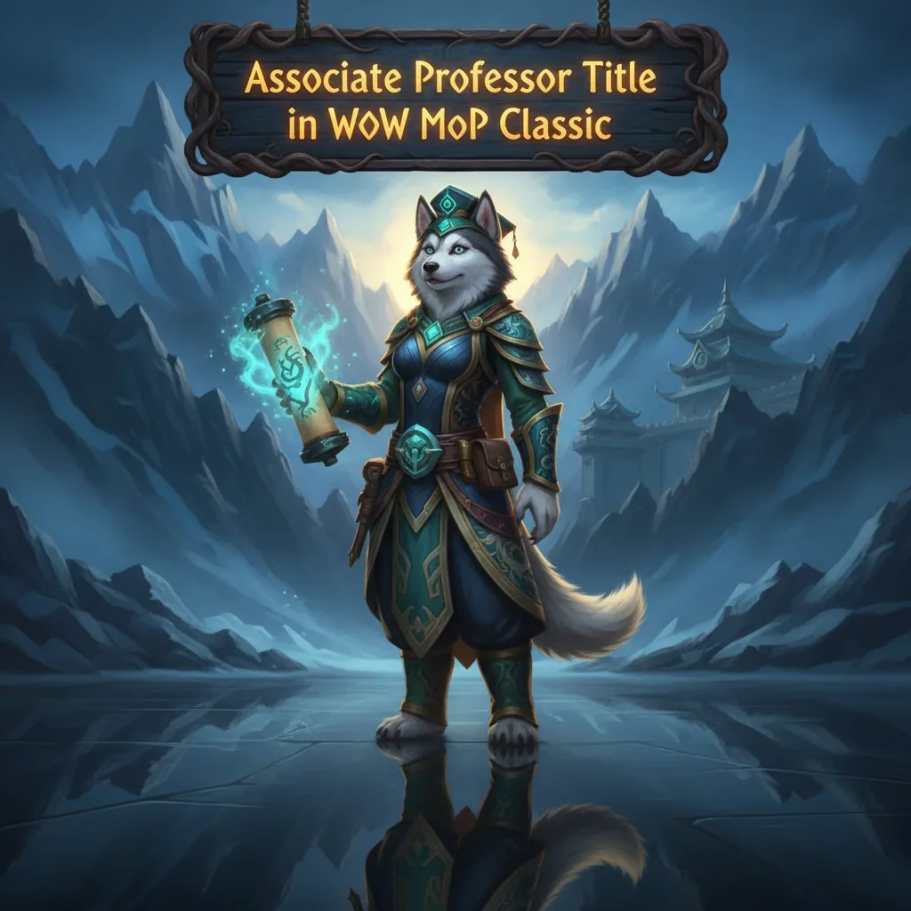 Fantasy artwork of an anthropomorphic husky mage character, themed around 'Associate Professor' title acquisition in WoW Mists of Pandaria Classic.