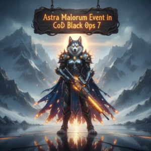 Fantasy artwork featuring an anthropomorphic Husky character in elaborate themed armor, set against a dark, mystical game-inspired environment. The image is related to the Astra Malorum event content in CoD Black Ops 7.