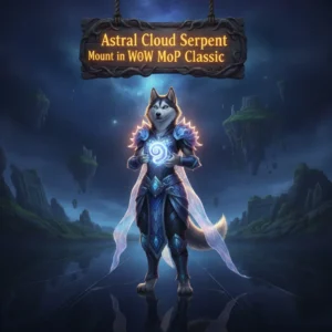 An anthropomorphic husky character in fantasy armor riding an Astral Cloud Serpent in a celestial, cloud-filled environment, inspired by game content.