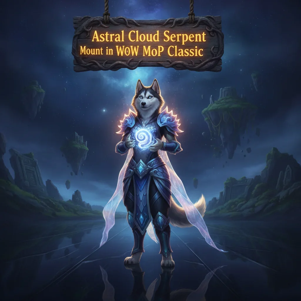 An anthropomorphic husky character in fantasy armor riding an Astral Cloud Serpent in a celestial, cloud-filled environment, inspired by game content.