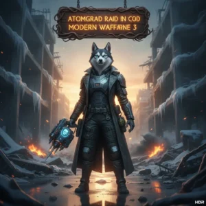 Anthropomorphic husky character in tactical fantasy armor, set in a desolate, game-inspired environment, representing Atomgrad Raid content.