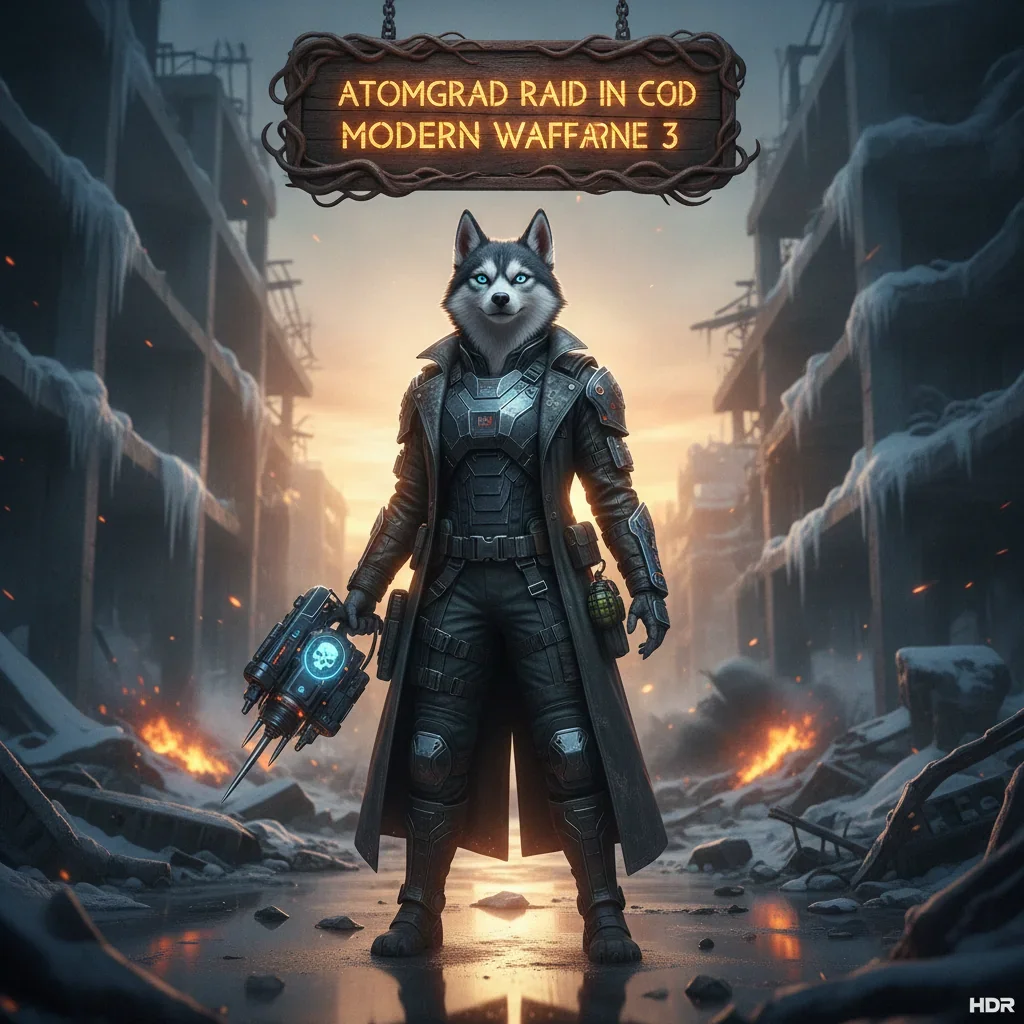 Anthropomorphic husky character in tactical fantasy armor, set in a desolate, game-inspired environment, representing Atomgrad Raid content.