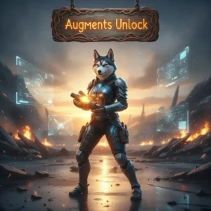 A fantasy game-inspired artwork featuring an anthropomorphic husky character in intricate armor, representing content related to augments and unlock boosts.