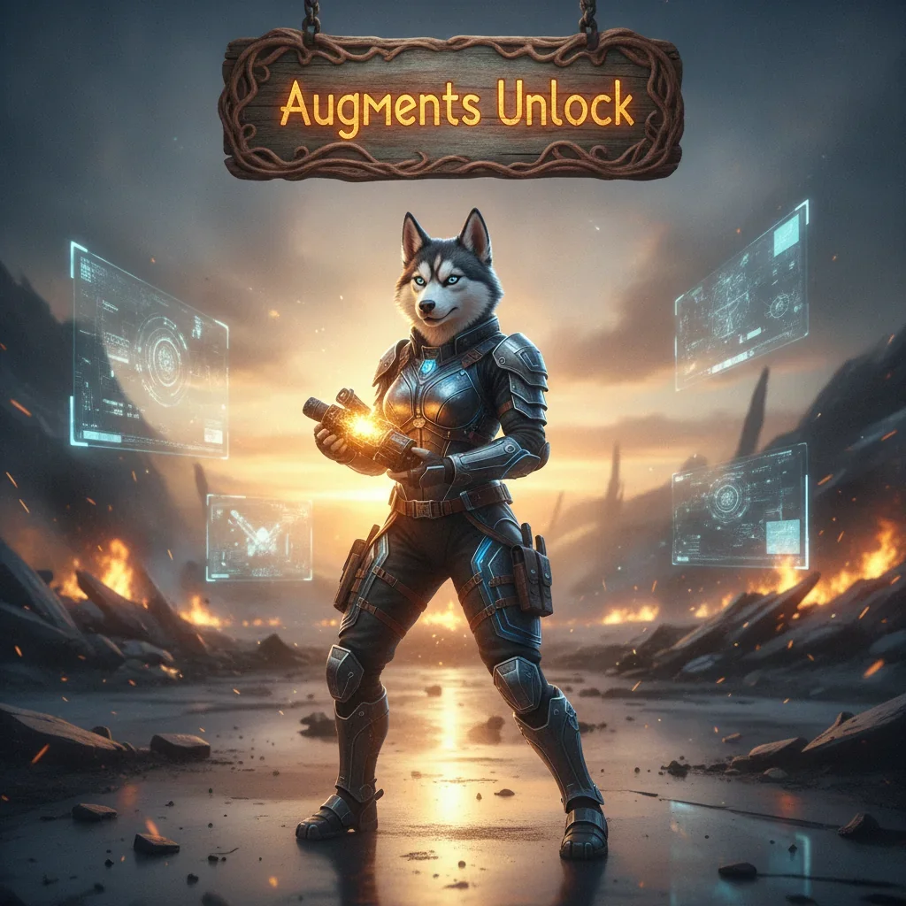 A fantasy game-inspired artwork featuring an anthropomorphic husky character in intricate armor, representing content related to augments and unlock boosts.
