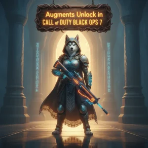 Fantasy artwork featuring an anthropomorphic Husky character in elaborate fantasy attire, representing augments and boosts related to game content and objectives.