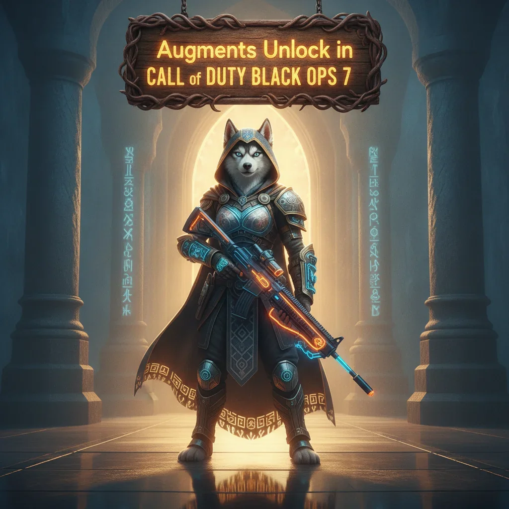 Fantasy artwork featuring an anthropomorphic Husky character in elaborate fantasy attire, representing augments and boosts related to game content and objectives.