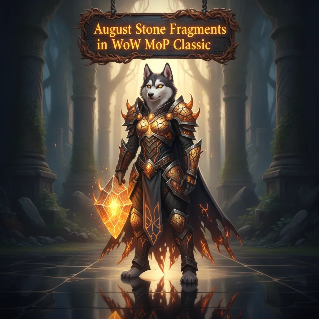 Fantasy artwork of an anthropomorphic Husky in armor, themed around August Stone Fragments boosting in WoW Mists of Pandaria Classic.