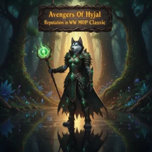 Fantasy game-inspired artwork featuring an anthropomorphic Husky character in a lush, magical forest environment with glowing elements, representing Mists of Pandaria Classic reputation content.