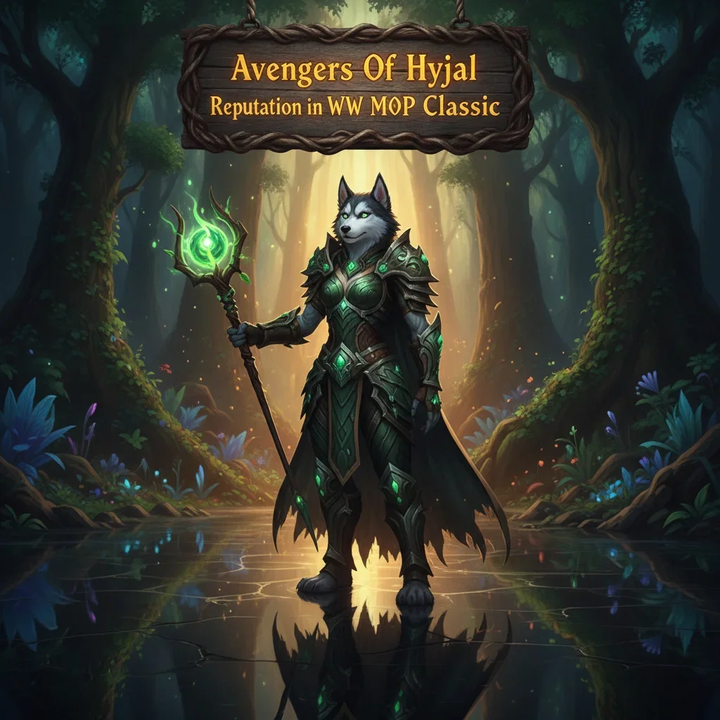 Fantasy game-inspired artwork featuring an anthropomorphic Husky character in a lush, magical forest environment with glowing elements, representing Mists of Pandaria Classic reputation content.